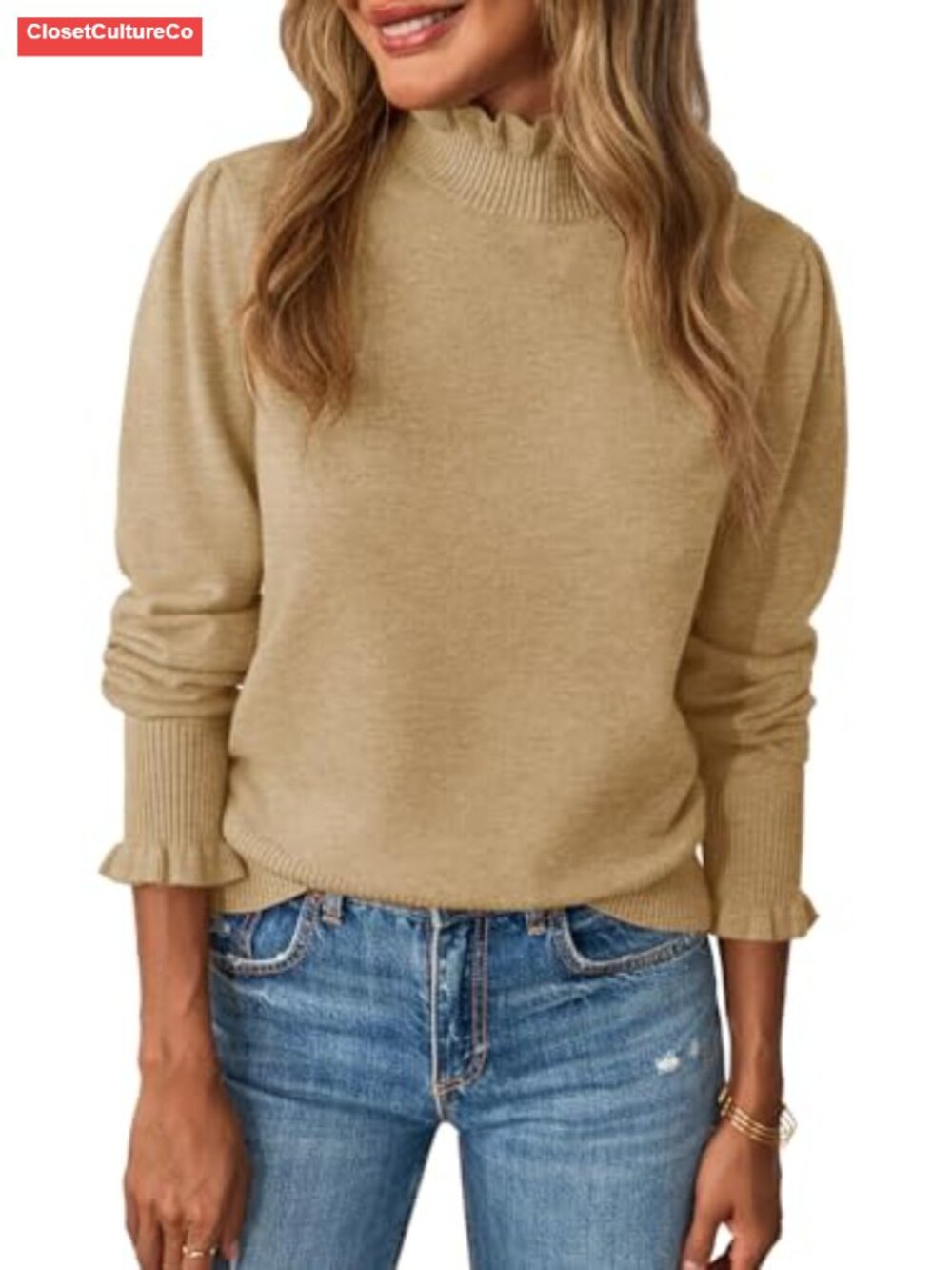 Womens Ruffle Mock Neck Sweater Puff Sleeve Knit Pullover Top